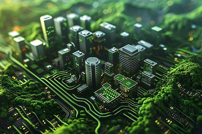 Graphic of city on a computer chip surrounded by greenery