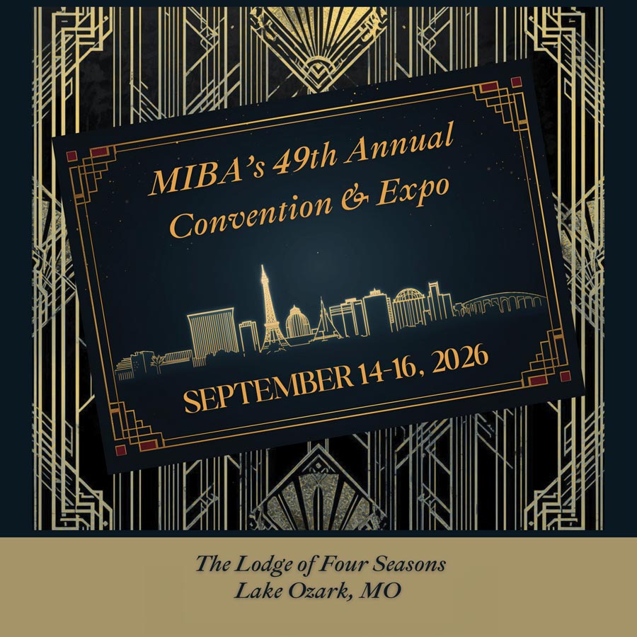 Art Deco-themed poster for MIBA's 49th Annual Convention & Expo, showing a skyline with iconic landmarks. Dates: September 14-16, 2026. Location: The Lodge of Four Seasons, Lake Ozark, MO.