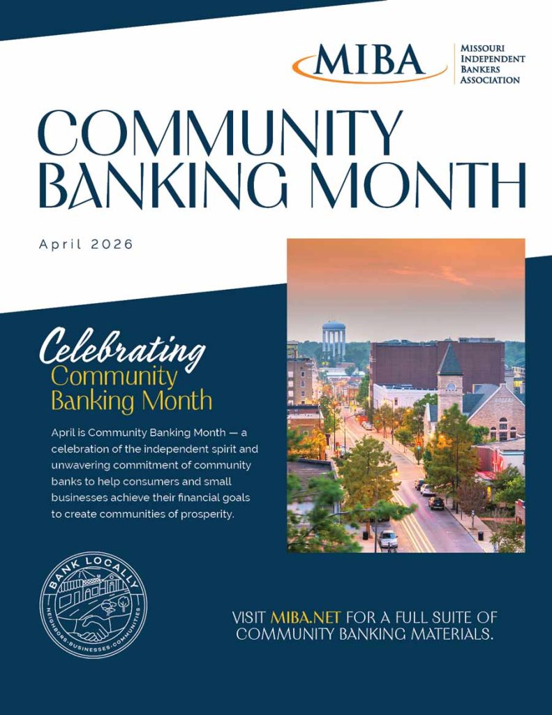 Community Banking Month flyer for April 2026 by Missouri Independent Bankers Association. Features a cityscape at sunset and a 'Bank Locally' badge.