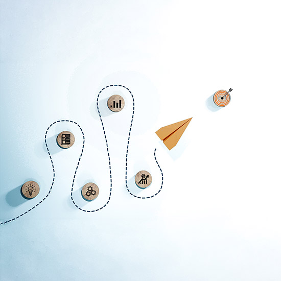 Strong-Management-feature paper Airplane going around obstacles and still on target to hit goal/target